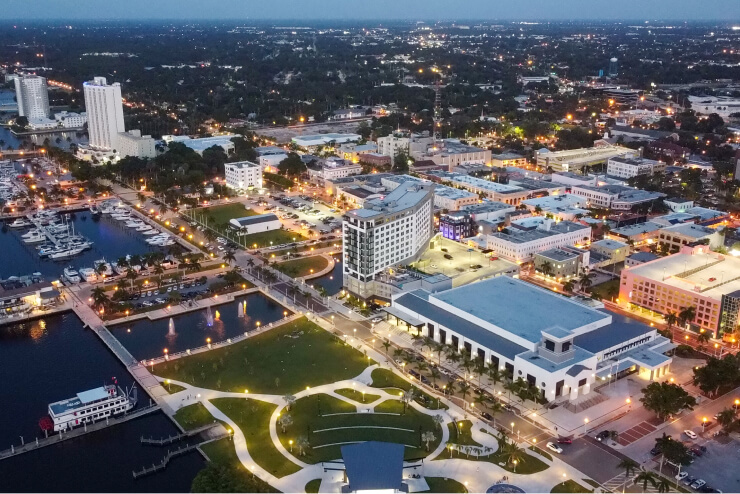 Fort Myers waterfront and downtown at night